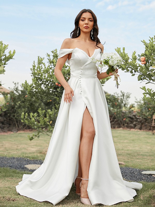 A-Line/Princess Satin Ruched Off-the-Shoulder Sleeveless Sweep/Brush Train Wedding Dresses 814