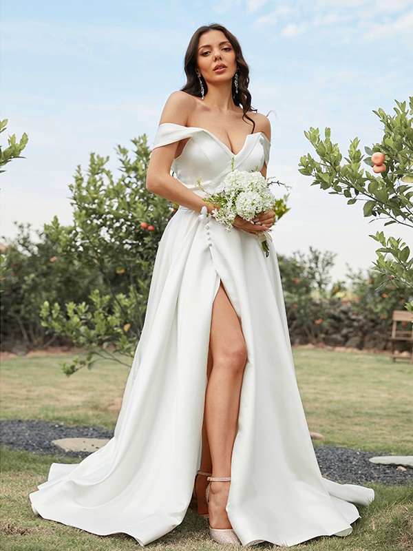 A-Line/Princess Satin Ruched Off-the-Shoulder Sleeveless Sweep/Brush Train Wedding Dresses 814