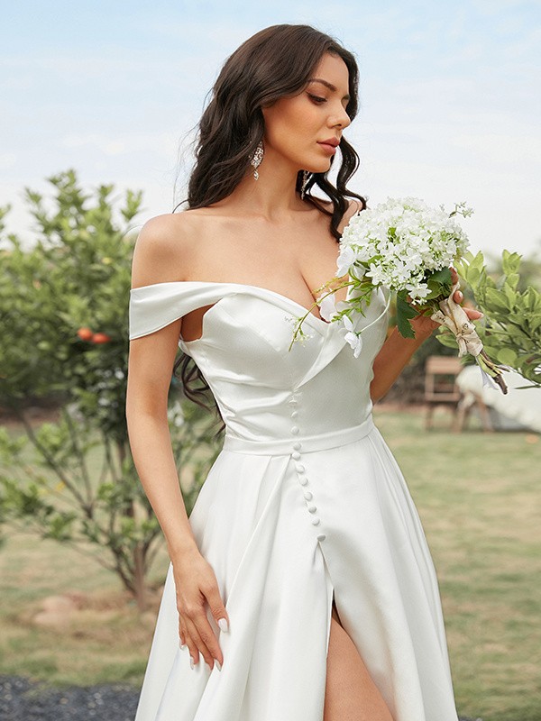 A-Line/Princess Satin Ruched Off-the-Shoulder Sleeveless Sweep/Brush Train Wedding Dresses 814