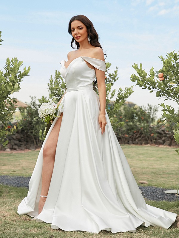 A-Line/Princess Satin Ruched Off-the-Shoulder Sleeveless Sweep/Brush Train Wedding Dresses 814