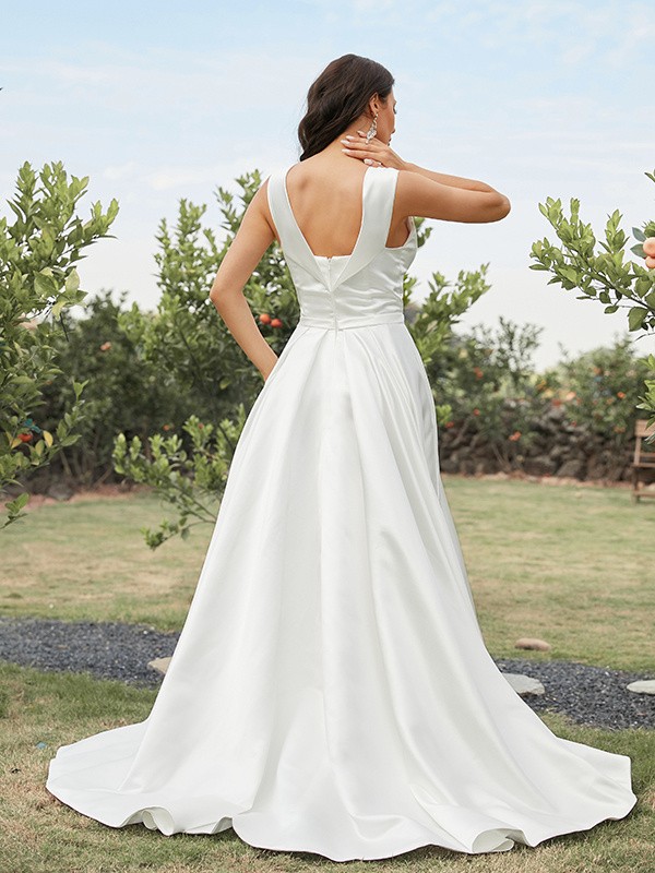 A-Line/Princess Satin Ruched Off-the-Shoulder Sleeveless Sweep/Brush Train Wedding Dresses 814