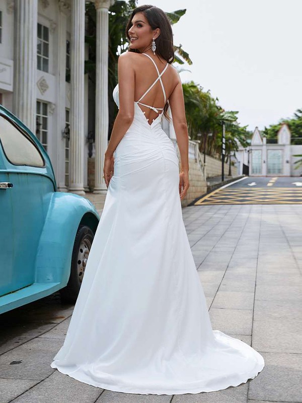 Sheath/Column Chiffon Ruched V-neck Sleeveless Sweep/Brush Train Wedding Dresses 1367