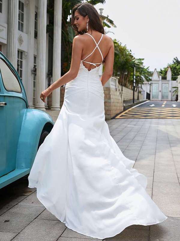 Sheath/Column Chiffon Ruched V-neck Sleeveless Sweep/Brush Train Wedding Dresses 1367