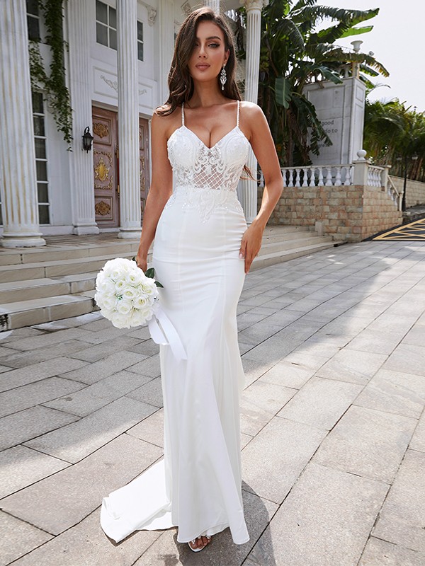 Sheath/Column Stretch Crepe Lace V-neck Sleeveless Sweep/Brush Train Wedding Dresses 1476