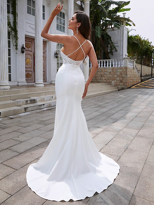 Sheath/Column Stretch Crepe Lace V-neck Sleeveless Sweep/Brush Train Wedding Dresses 1476