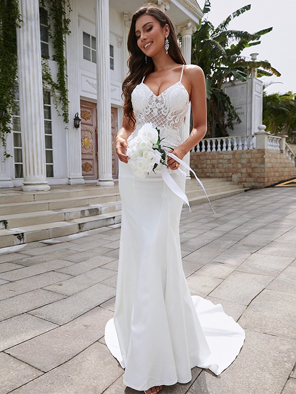 Sheath/Column Stretch Crepe Lace V-neck Sleeveless Sweep/Brush Train Wedding Dresses 1476