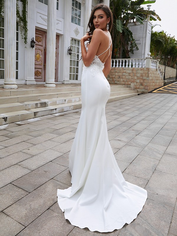 Sheath/Column Stretch Crepe Lace V-neck Sleeveless Sweep/Brush Train Wedding Dresses 1476