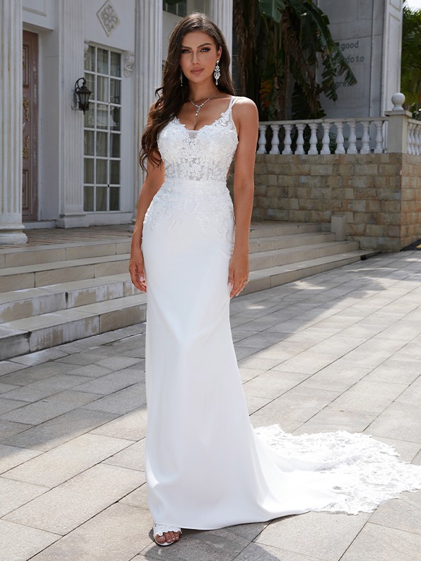 Sheath/Column Stretch Crepe Lace V-neck Sleeveless Sweep/Brush Train Wedding Dresses 1477