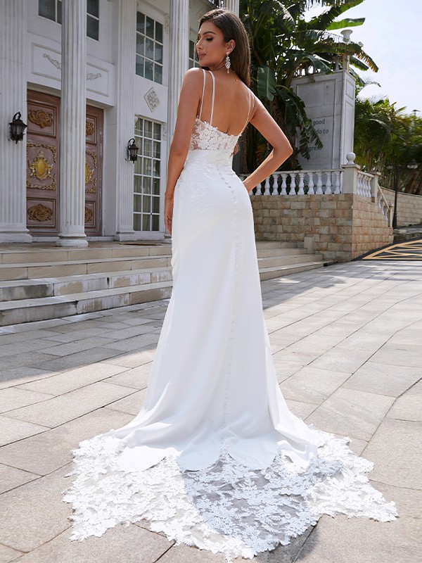 Sheath/Column Stretch Crepe Lace V-neck Sleeveless Sweep/Brush Train Wedding Dresses 1477