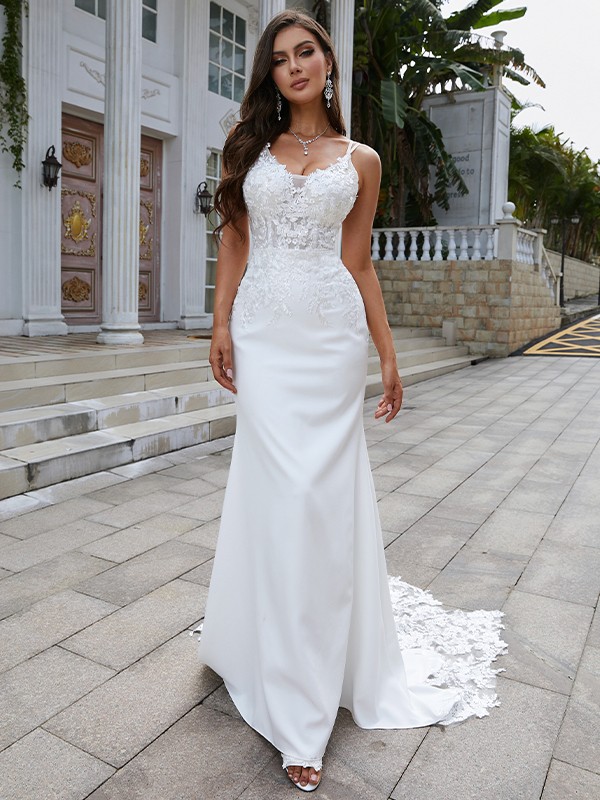 Sheath/Column Stretch Crepe Lace V-neck Sleeveless Sweep/Brush Train Wedding Dresses 1477