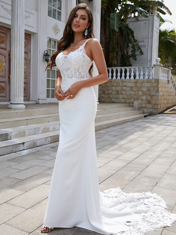 Sheath/Column Stretch Crepe Lace V-neck Sleeveless Sweep/Brush Train Wedding Dresses 1477