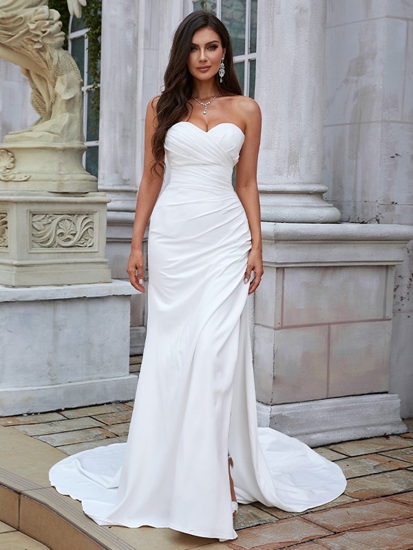 Sheath/Column Stretch Crepe Ruched Sweetheart Sleeveless Sweep/Brush Train Wedding Dresses 1501