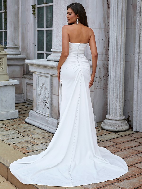 Sheath/Column Stretch Crepe Ruched Sweetheart Sleeveless Sweep/Brush Train Wedding Dresses 1501