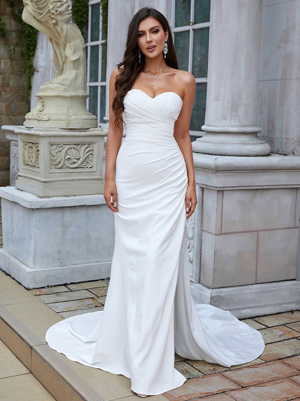 Sheath/Column Stretch Crepe Ruched Sweetheart Sleeveless Sweep/Brush Train Wedding Dresses 1501