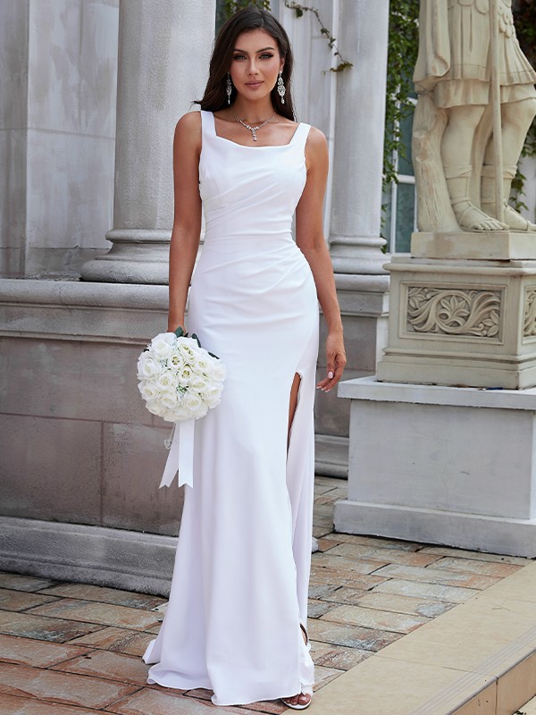 Sheath/Column Stretch Crepe Ruched Straps Sleeveless Sweep/Brush Train Wedding Dresses 1499