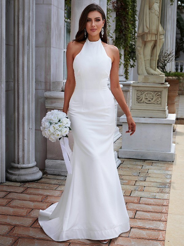 Sheath/Column Stretch Crepe Ruched Halter Sleeveless Sweep/Brush Train Wedding Dresses 1484