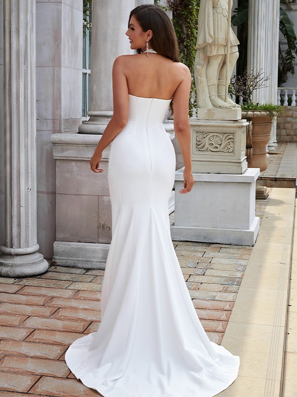 Sheath/Column Stretch Crepe Ruched Halter Sleeveless Sweep/Brush Train Wedding Dresses 1484