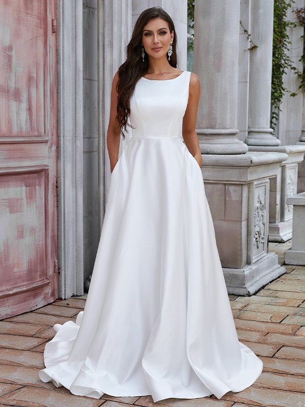 A-Line/Princess Satin Ruffles Scoop Sleeveless Sweep/Brush Train Wedding Dresses 838