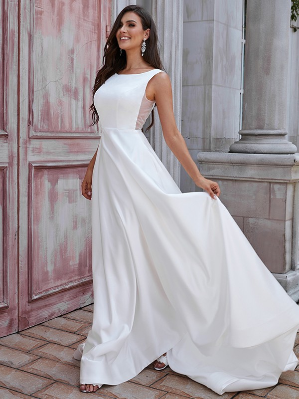 A-Line/Princess Satin Ruffles Scoop Sleeveless Sweep/Brush Train Wedding Dresses 838