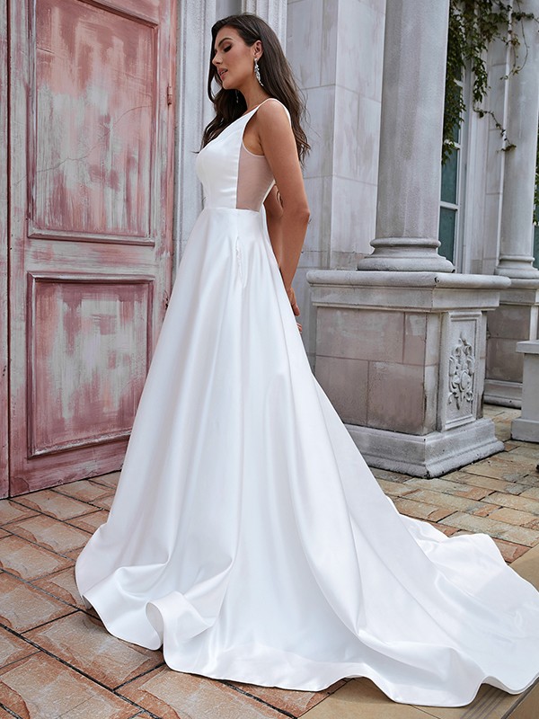 A-Line/Princess Satin Ruffles Scoop Sleeveless Sweep/Brush Train Wedding Dresses 838