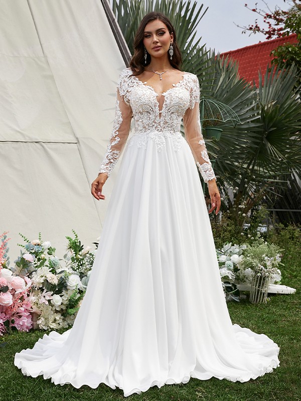 A-Line/Princess Chiffon Applique V-neck Long Sleeves Sweep/Brush Train Wedding Dresses 636