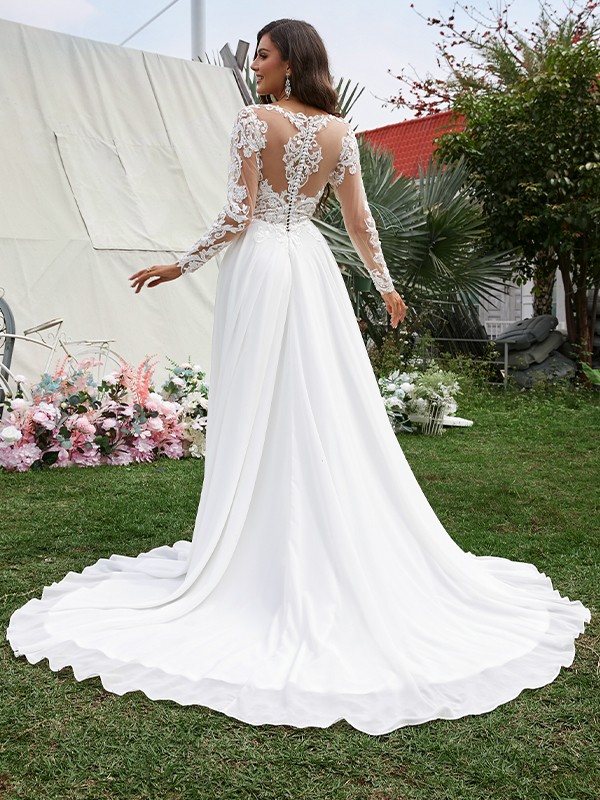 A-Line/Princess Chiffon Applique V-neck Long Sleeves Sweep/Brush Train Wedding Dresses 636