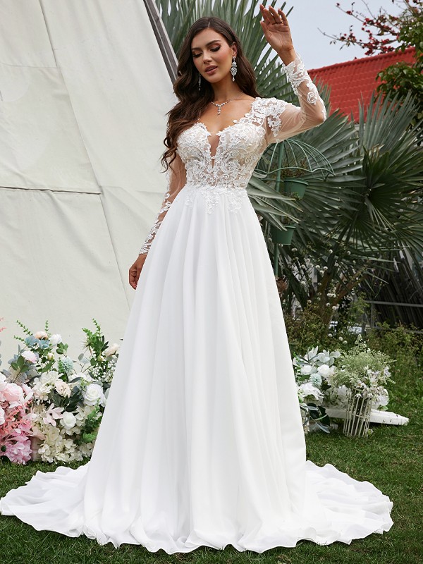 A-Line/Princess Chiffon Applique V-neck Long Sleeves Sweep/Brush Train Wedding Dresses 636