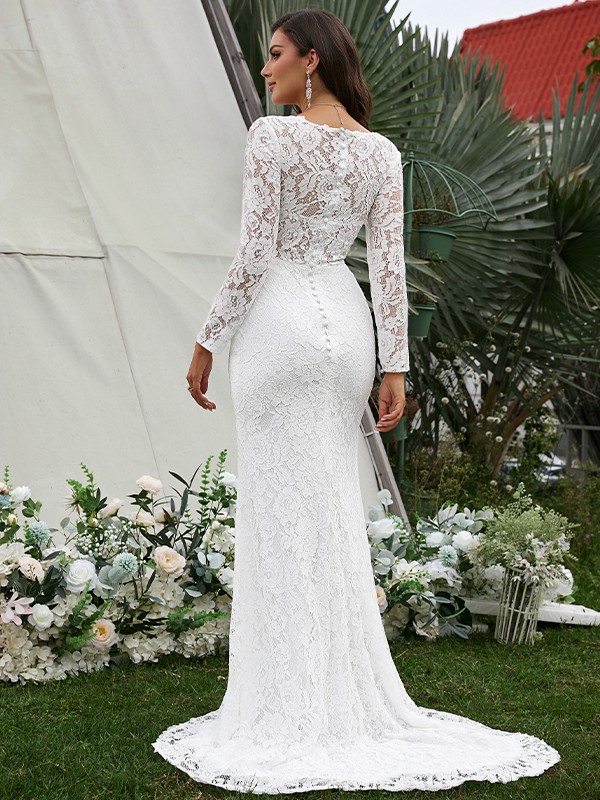 Sheath/Column Lace Hand-Made Flower V-neck Long Sleeves Sweep/Brush Train Wedding Dresses 1382