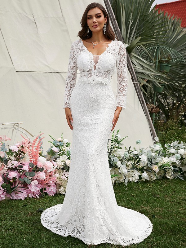 Sheath/Column Lace Hand-Made Flower V-neck Long Sleeves Sweep/Brush Train Wedding Dresses 1382