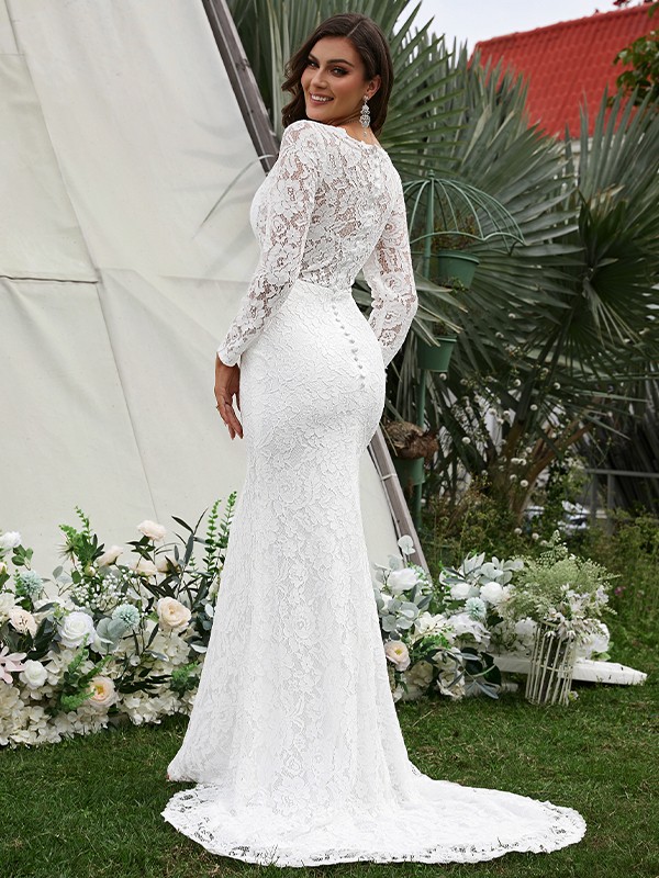 Sheath/Column Lace Hand-Made Flower V-neck Long Sleeves Sweep/Brush Train Wedding Dresses 1382