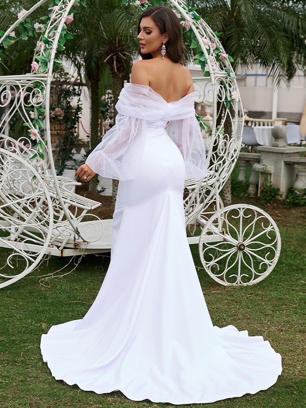 Sheath/Column Stretch Crepe Ruched Off-the-Shoulder Long Sleeves Sweep/Brush Train Wedding Dresses 1486