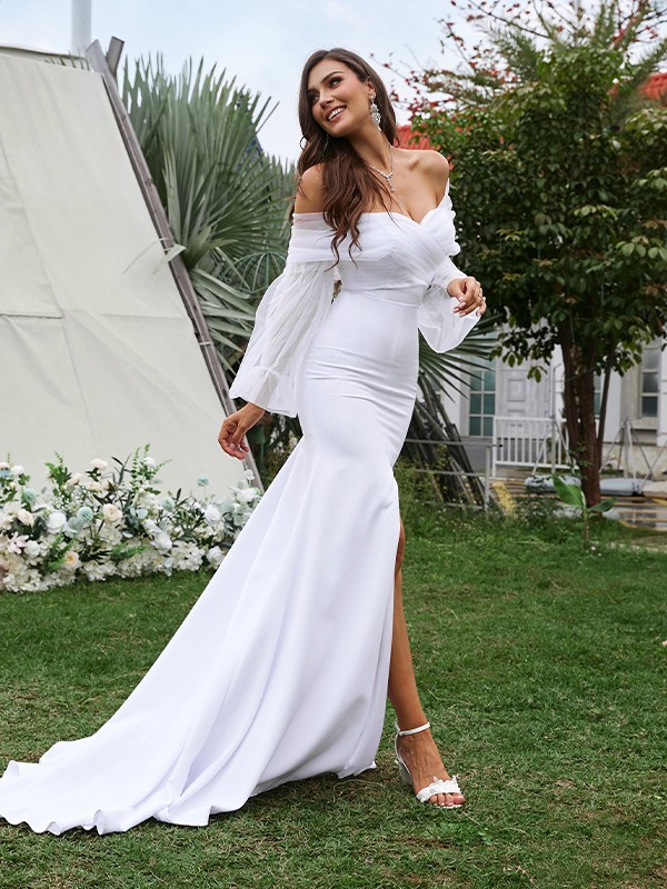 Sheath/Column Stretch Crepe Ruched Off-the-Shoulder Long Sleeves Sweep/Brush Train Wedding Dresses 1486