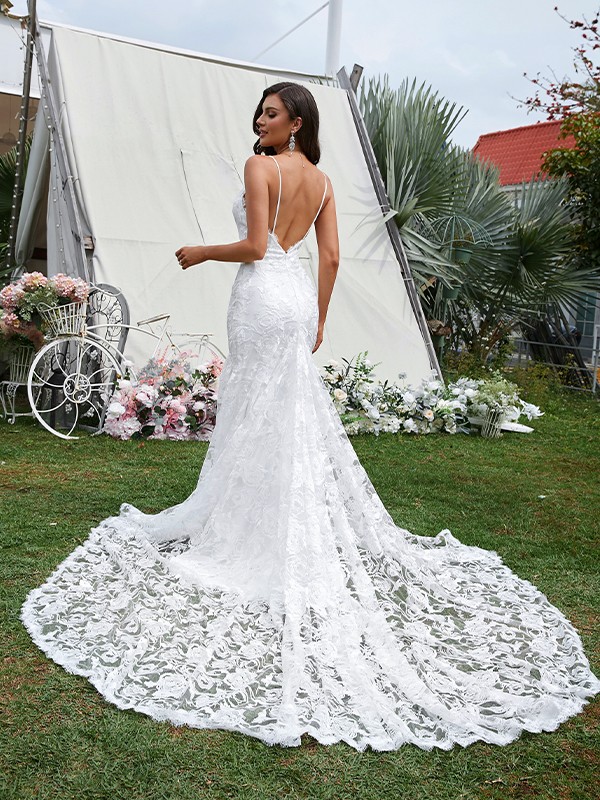 Sheath/Column Lace  V-neck Sleeveless Sweep/Brush Train Wedding Dresses 1401