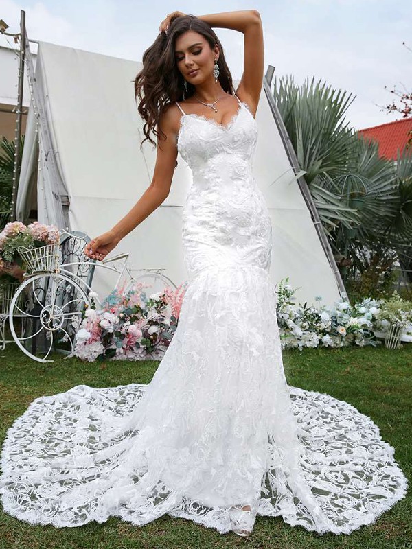 Sheath/Column Lace  V-neck Sleeveless Sweep/Brush Train Wedding Dresses 1401