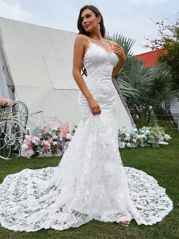 Sheath/Column Lace  V-neck Sleeveless Sweep/Brush Train Wedding Dresses 1401