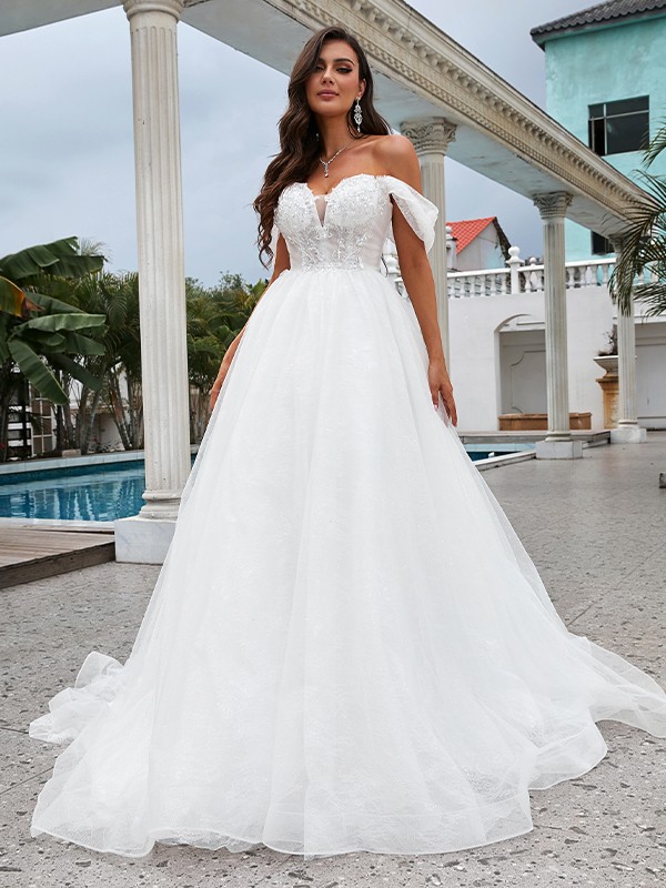 A-Line/Princess Lace Applique Off-the-Shoulder Sleeveless Sweep/Brush Train Wedding Dresses 693