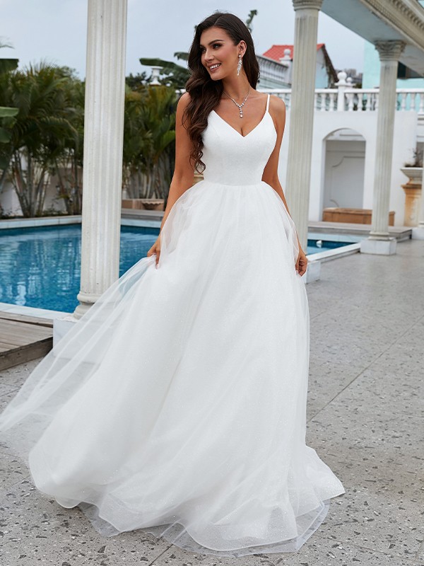 A-Line/Princess Ruffles V-neck Sleeveless Sweep/Brush Train Wedding Dresses 784