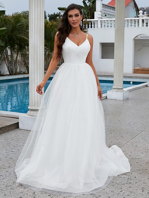 A-Line/Princess Ruffles V-neck Sleeveless Sweep/Brush Train Wedding Dresses 784