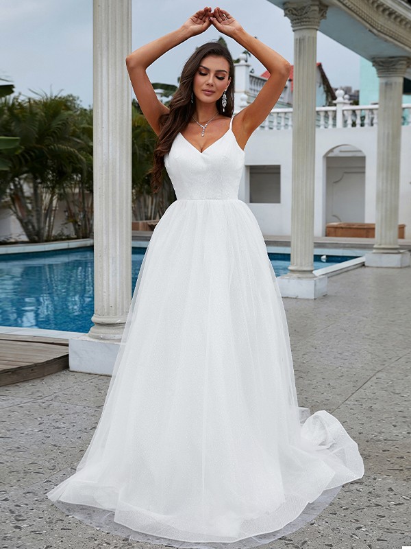 A-Line/Princess Ruffles V-neck Sleeveless Sweep/Brush Train Wedding Dresses 784