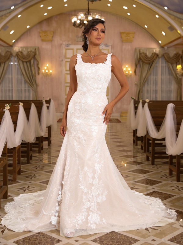 Sheath/Column Lace Applique Straps Sleeveless Sweep/Brush Train Wedding Dresses 1379