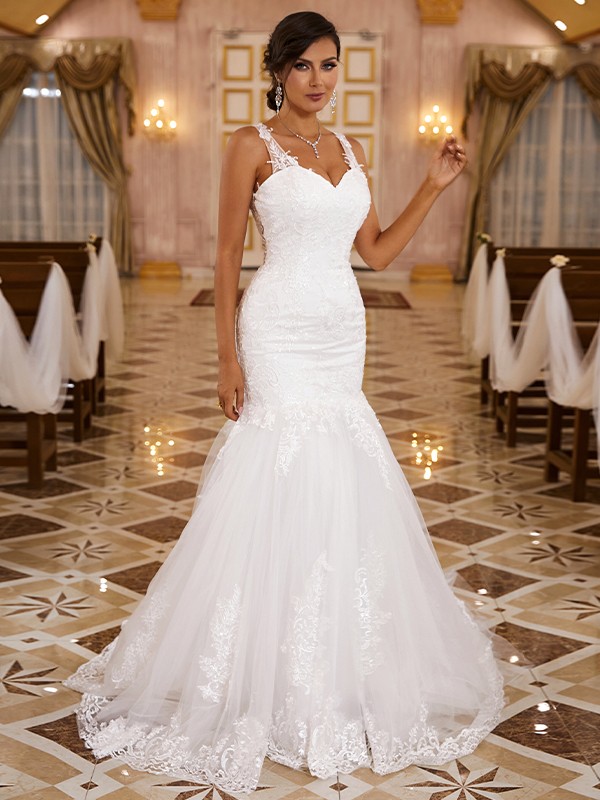 Trumpet/Mermaid Lace Applique V-neck Sleeveless Sweep/Brush Train Wedding Dresses 1578