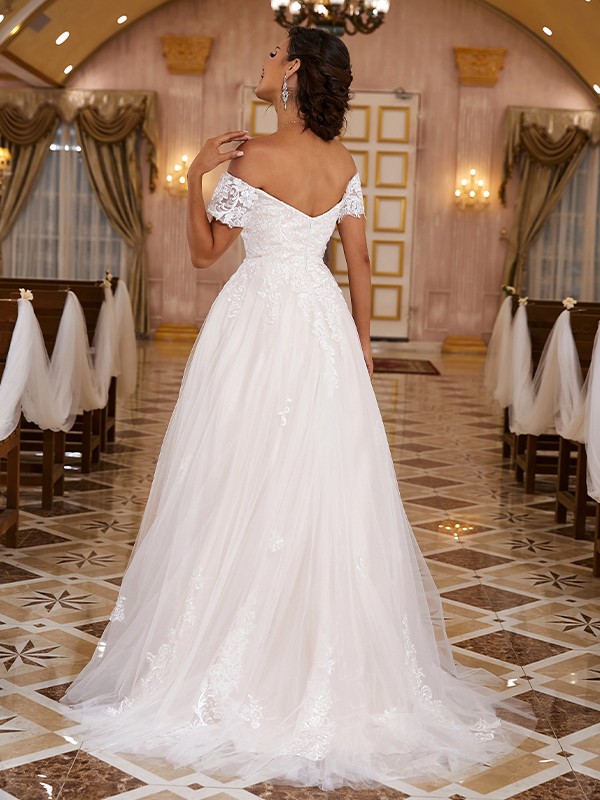 A-Line/Princess Lace Applique Off-the-Shoulder Short Sleeves Sweep/Brush Train Wedding Dresses 691