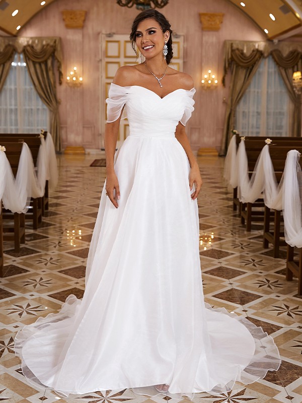 A-Line/Princess Organza Ruched Off-the-Shoulder Sleeveless Sweep/Brush Train Wedding Dresses 1083