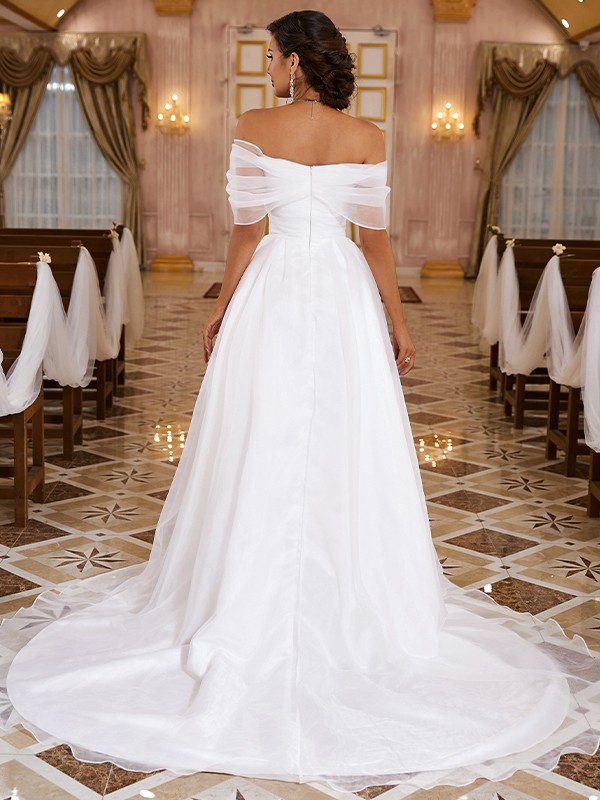 A-Line/Princess Organza Ruched Off-the-Shoulder Sleeveless Sweep/Brush Train Wedding Dresses 1083