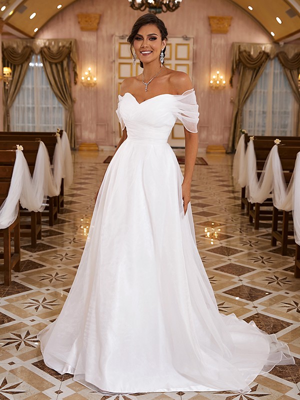 A-Line/Princess Organza Ruched Off-the-Shoulder Sleeveless Sweep/Brush Train Wedding Dresses 1083