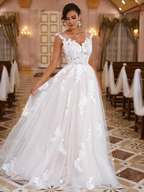 A-Line/Princess Lace Applique V-neck Sleeveless Sweep/Brush Train Wedding Dresses 714