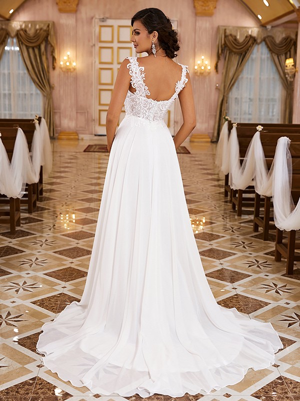 A-Line/Princess Chiffon Applique Straps Sleeveless Sweep/Brush Train Wedding Dresses 634