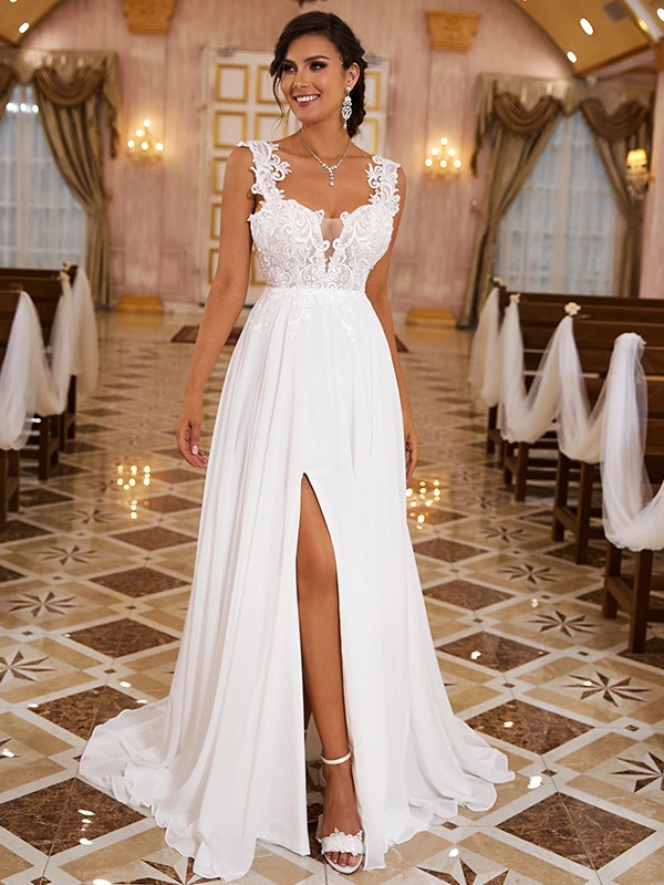 A-Line/Princess Chiffon Applique Straps Sleeveless Sweep/Brush Train Wedding Dresses 634