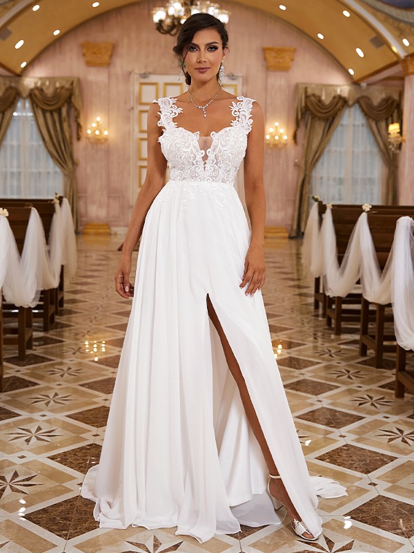 A-Line/Princess Chiffon Applique Straps Sleeveless Sweep/Brush Train Wedding Dresses 634