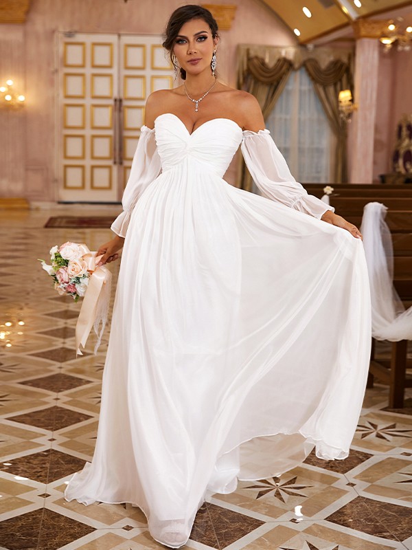 A-Line/Princess 30D Chiffon Ruched Off-the-Shoulder Long Sleeves Sweep/Brush Train Wedding Dresses 610